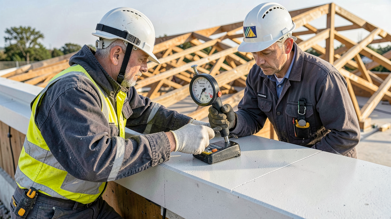 pose panneau photovoltaïque sur toit fibrociment : technicien analysant la charge admissible du toit avec un dynamomètre