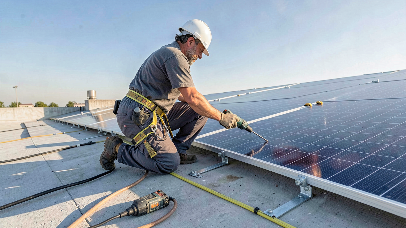 pose panneau photovoltaïque sur toit fibrociment : technicien installant des fixations pour panneaux solaires sur un toit en fibrociment