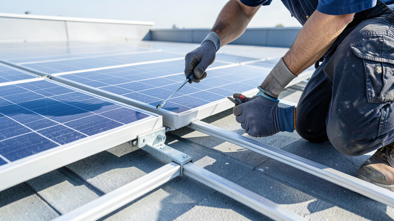 pose panneau photovoltaique sur toit plat réalisée par un technicien expert lors d'une installation solaire