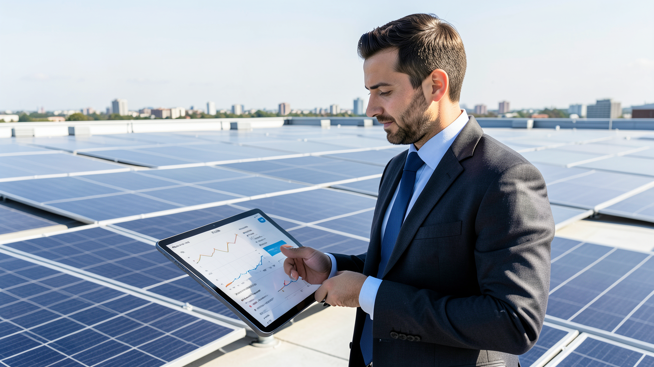 pose panneau photovoltaique sur toit plat avec un professionnel analysant le retour sur investissement sur une tablette
