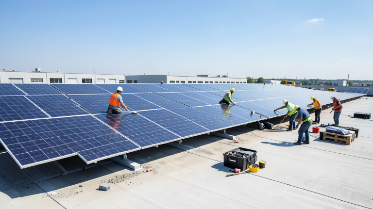 pose panneau photovoltaique sur toit plat d'une usine moderne