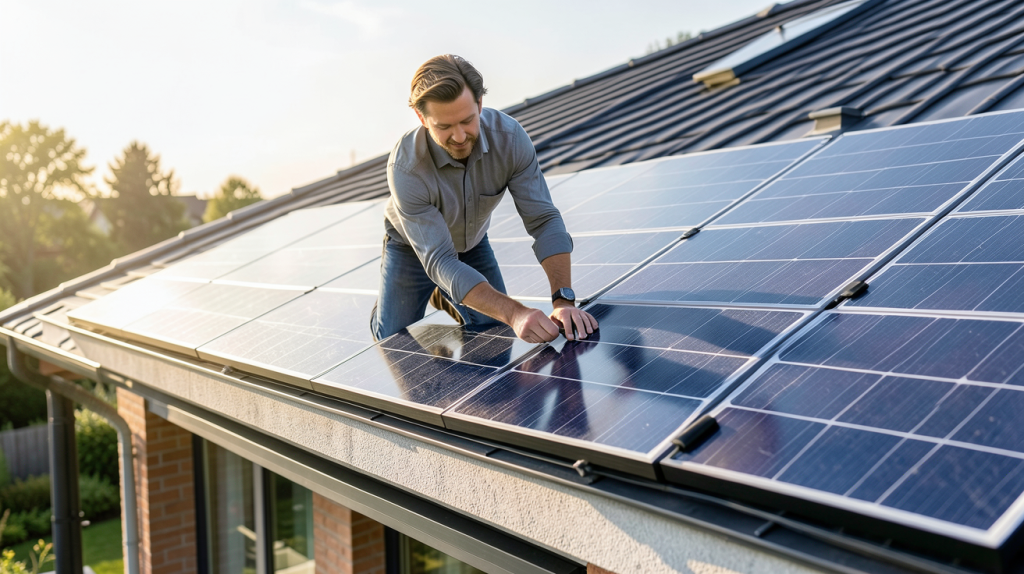 pose panneau photovoltaïque sur toiture d'une maison moderne par un technicien