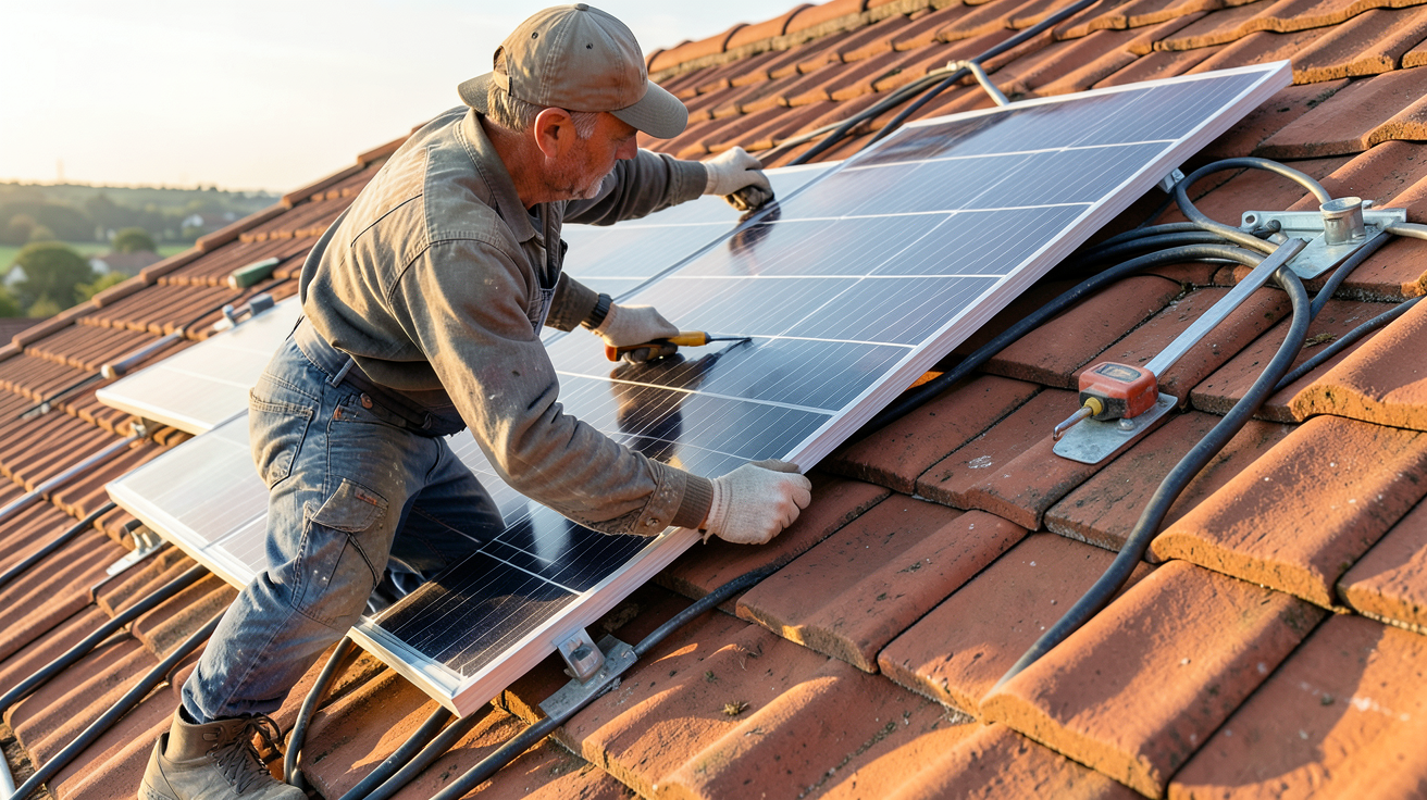 pose panneau photovoltaique sur toiture d'une maison avec un artisan en action