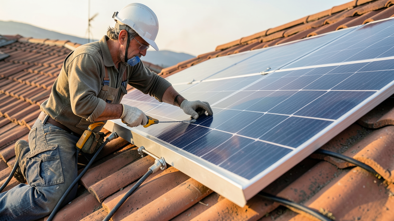 pose panneau photovoltaïque sur toiture en tuiles plates pour vérifier la compatibilité des matériaux