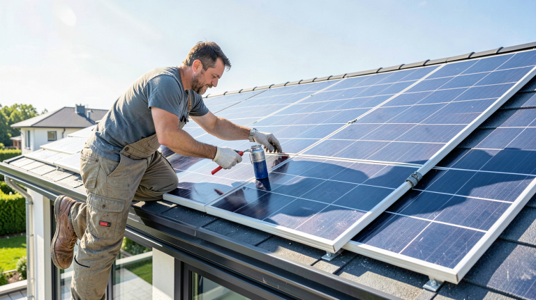 pose panneau solaire effectuée par un professionnel sur le toit d'une maison résidentielle