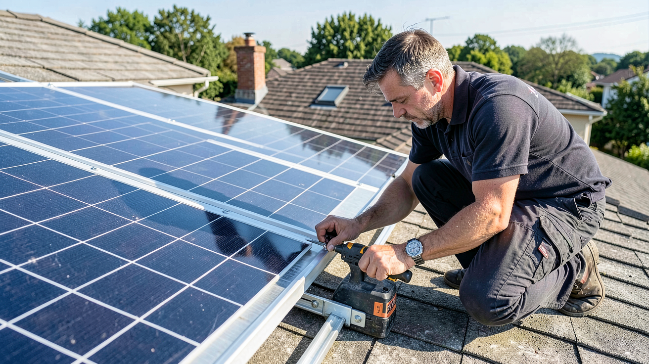 pose panneau solaire effectuée par un installateur professionnel sur la toiture d'une maison.