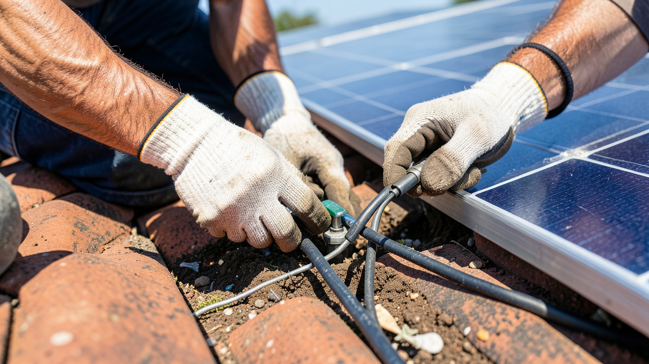 pose panneau solaire sur tuile avec raccordement électrique et mise à la terre par un professionnel