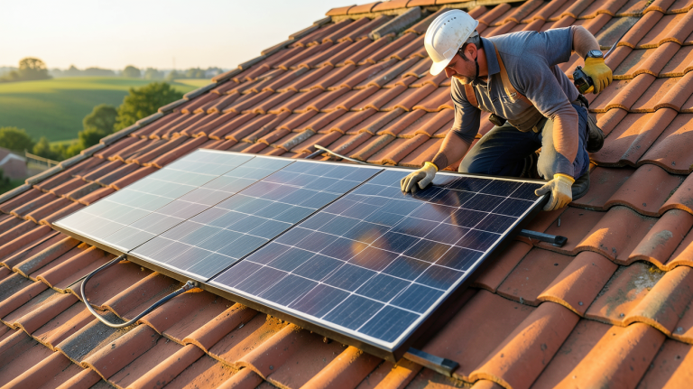 pose panneau solaire sur tuile d'une toiture en rénovation