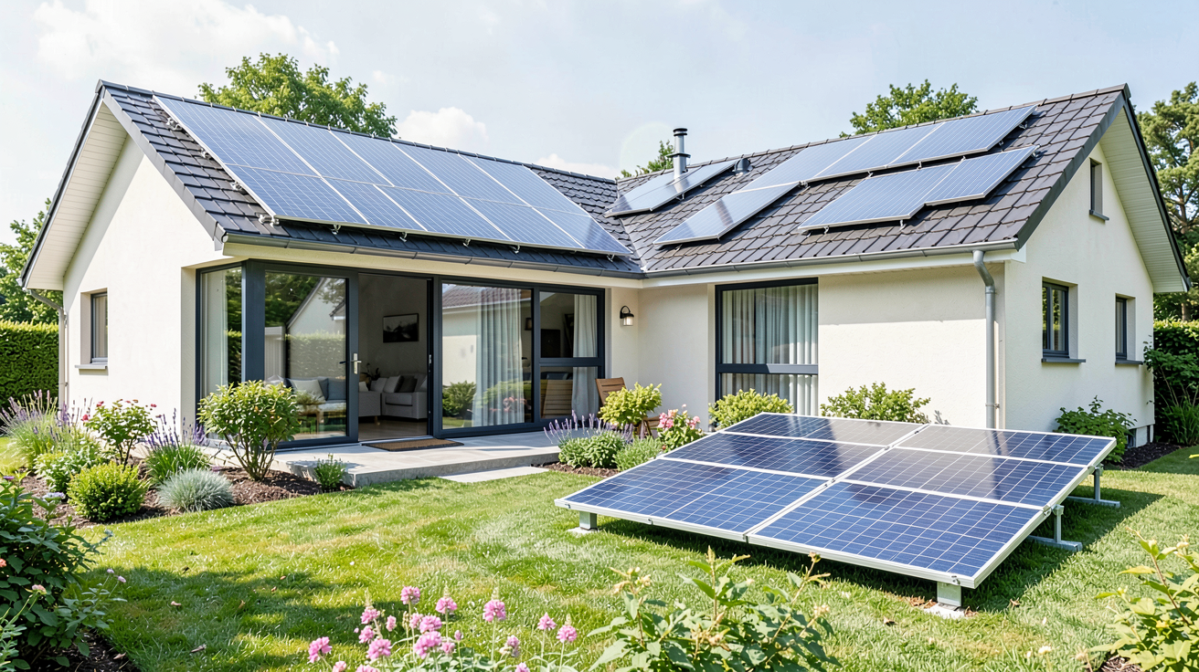 pose panneau solaire sur un toit de maison et une installation au sol dans un jardin