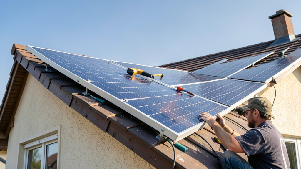 pose panneau solaire toiture d'une maison individuelle avec artisan en action