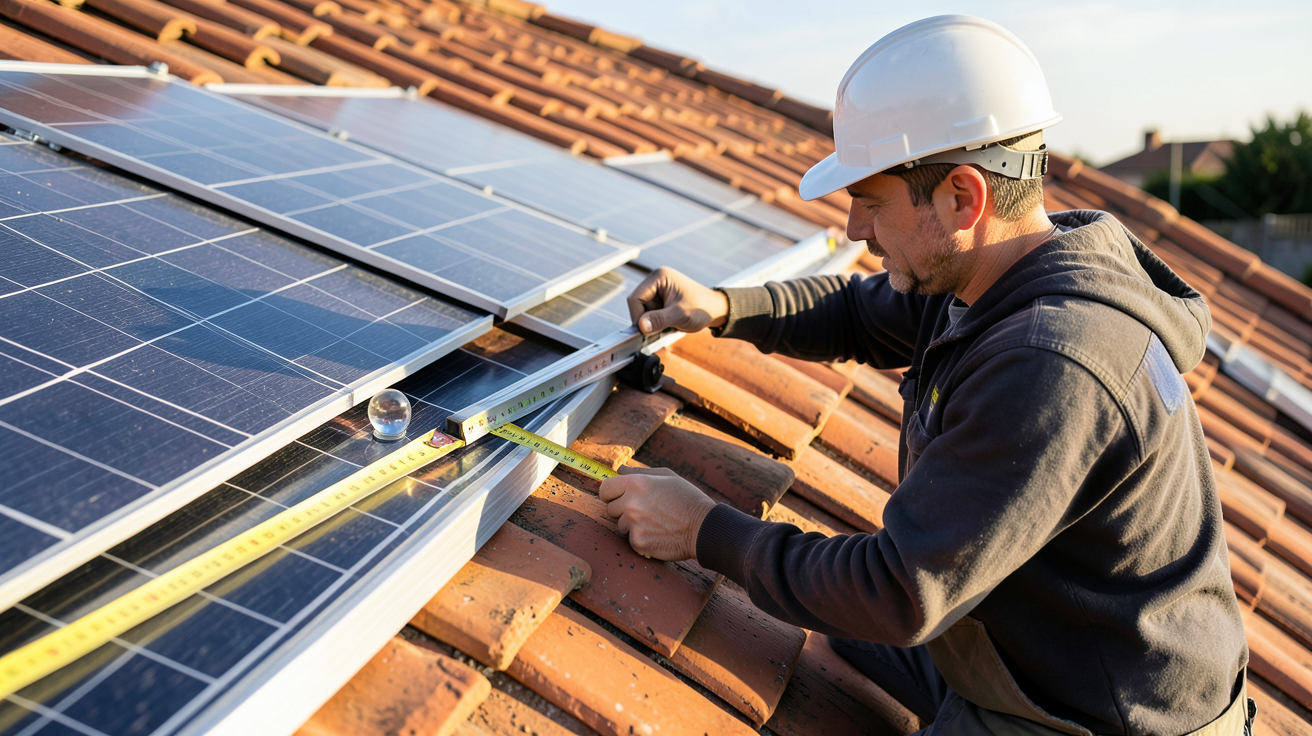 pose panneau solaire toiture vérification de la compatibilité de la toiture avec un technicien utilisant un niveau à bulle