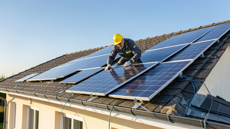 pose panneaux photovoltaïque sur le toit d'une maison individuelle