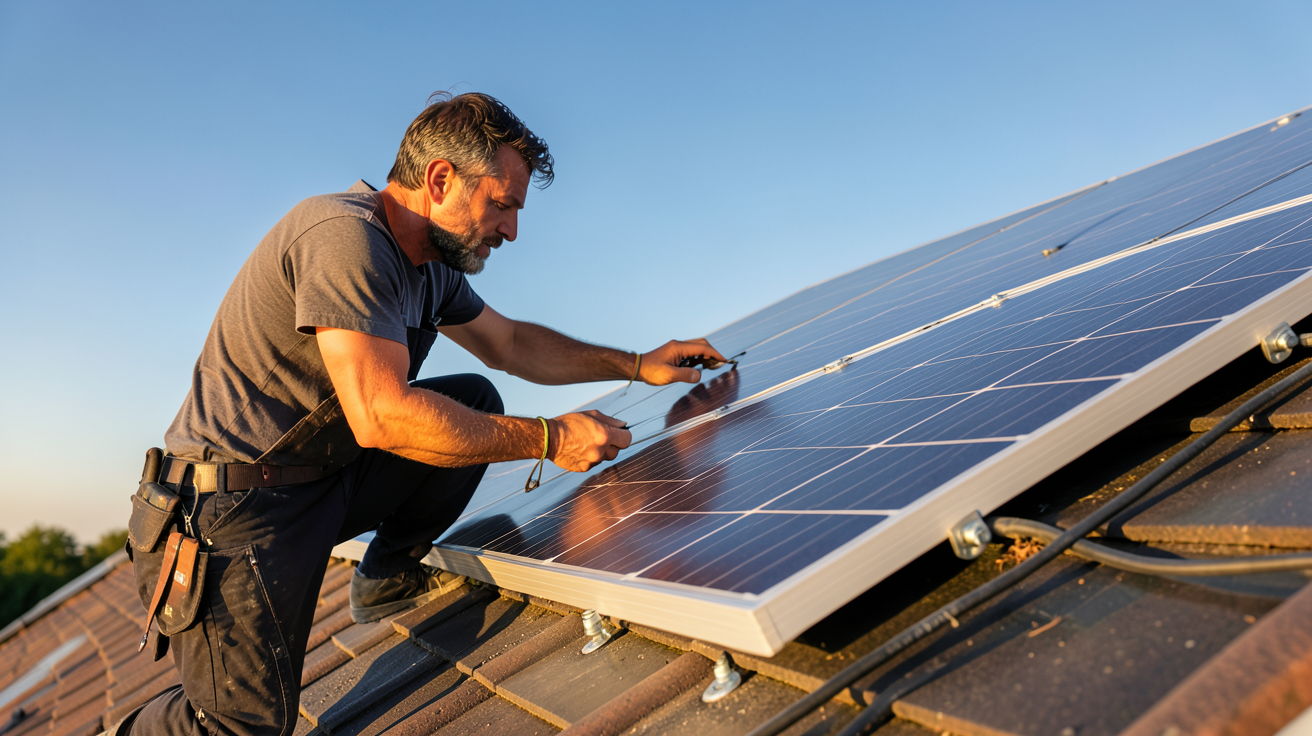 pose panneaux photovoltaïques : artisan installant un panneau solaire sur un toit avec des outils et fixations visibles