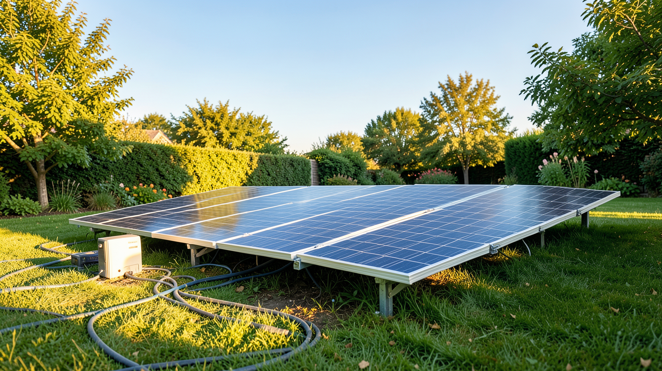 pose panneaux photovoltaïques installation au sol dans un jardin ensoleillé