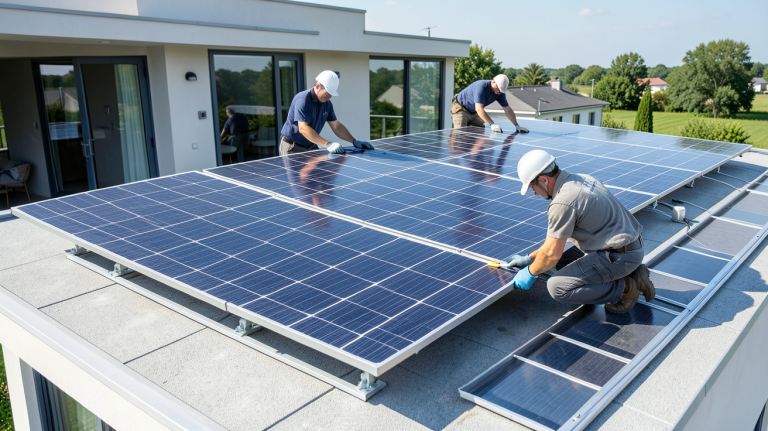 pose panneaux photovoltaïques sur la toiture d'une maison résidentielle sous une lumière naturelle.