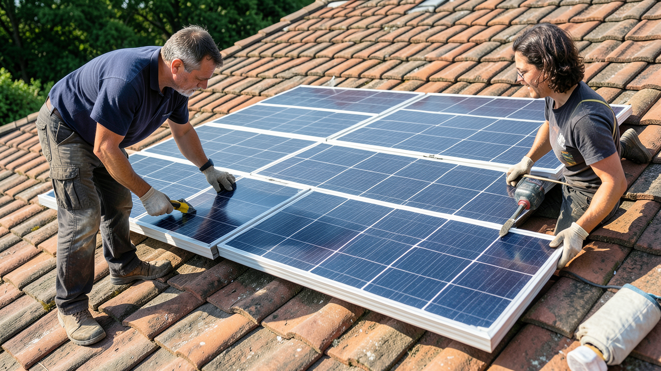 pose panneaux photovoltaiques sur tuiles installation étape par étape avec outils et panneaux solaires sur un toit en tuiles