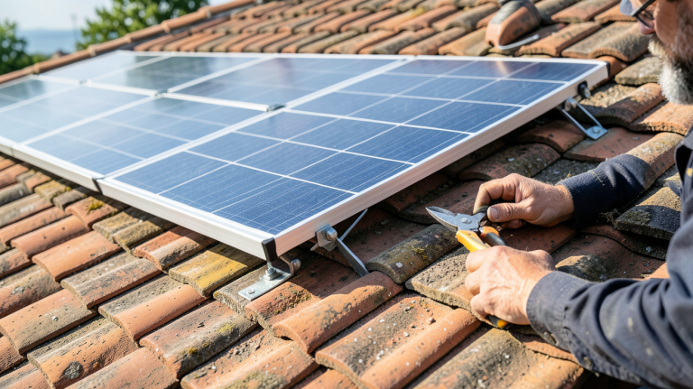 pose panneaux photovoltaiques sur tuiles lors d'une installation solaire sur un toit