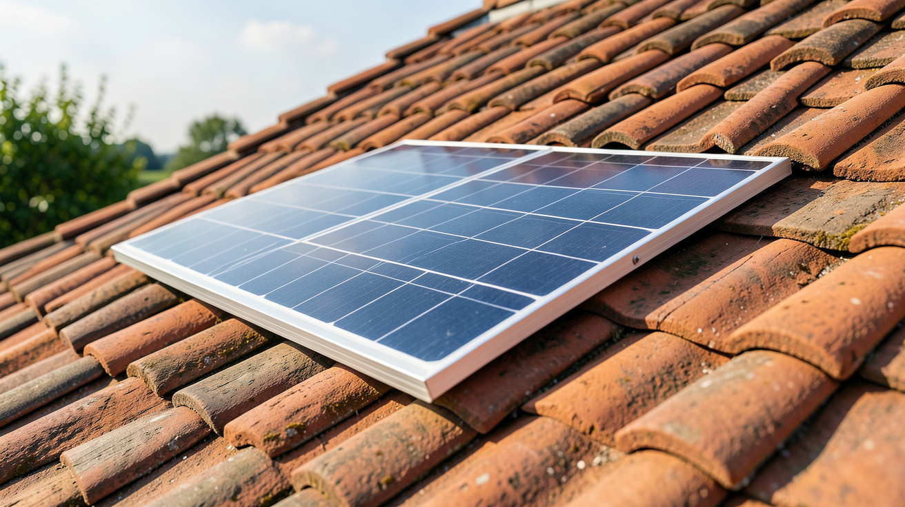 pose panneaux photovoltaiques sur tuiles montrant la surimposition d’un module solaire sur les tuiles et son intégration discrète dans la toiture, image nette et réaliste