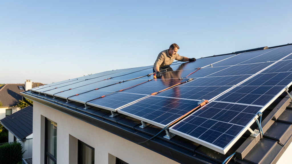 pose panneaux solaires sur toiture d'une maison contemporaine par un artisan