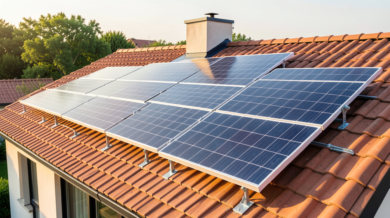pose panneaux solaires sur toiture en tuiles rouges d'une maison contemporaine