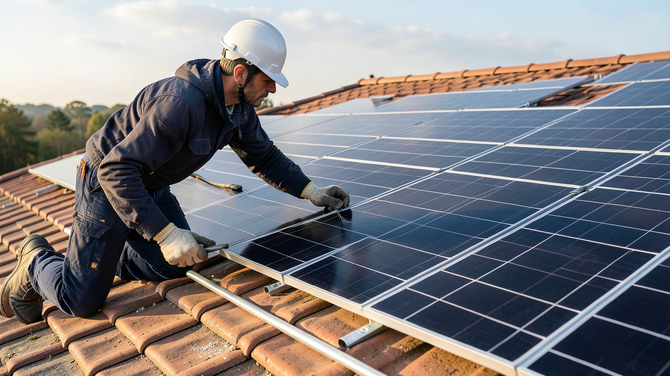 pose photovoltaïque : installateur professionnel examinant une toiture équipée de panneaux solaires en cours de pose