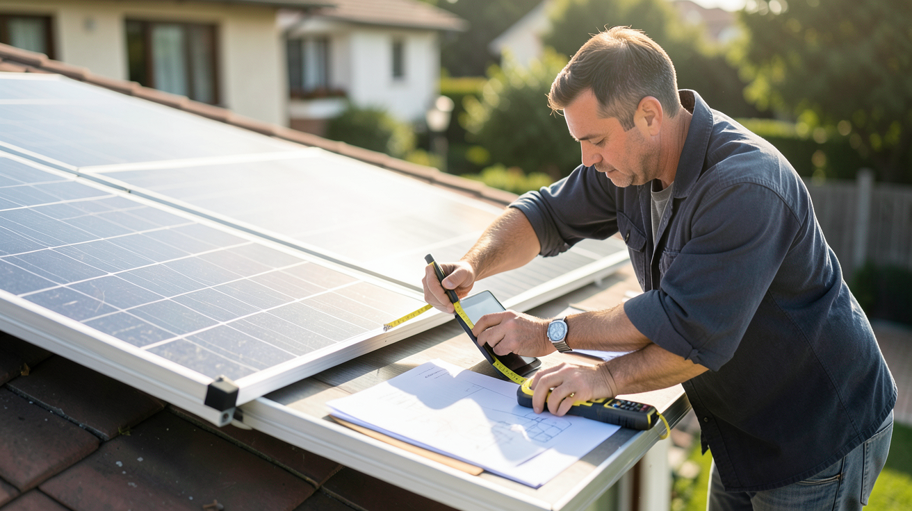 pose photovoltaïque : technicien mesurant les dimensions pour dimensionner une installation solaire sur le toit d'une maison