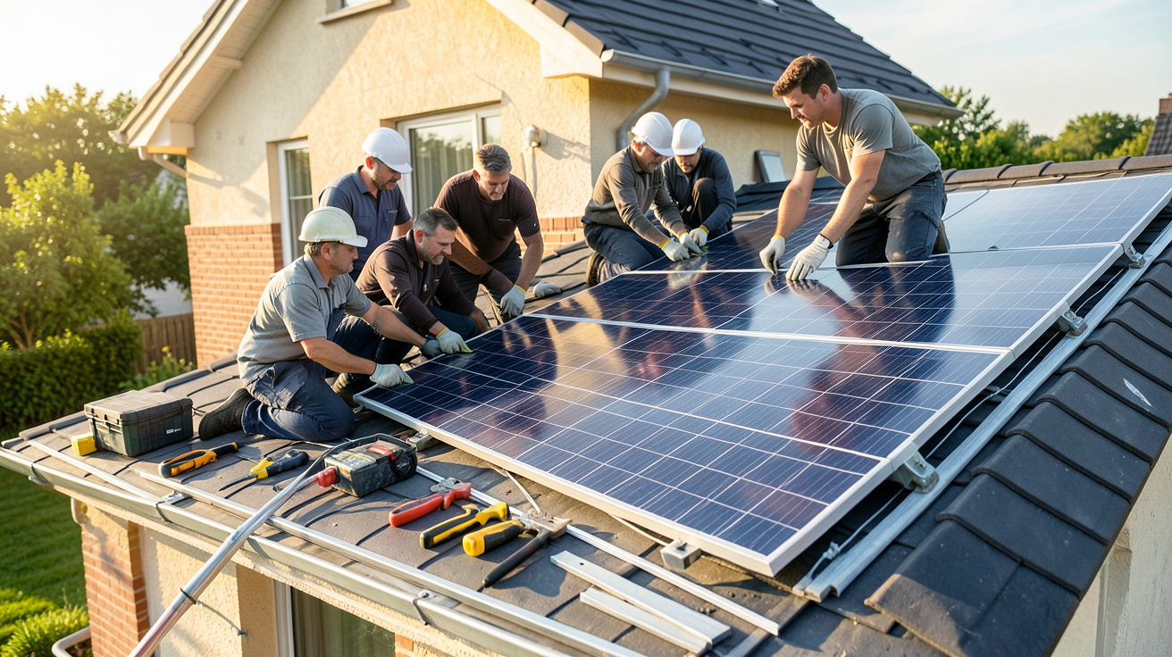 pose photovoltaïque étape 7 : réalisation des travaux d'installation de panneaux solaires sur un toit