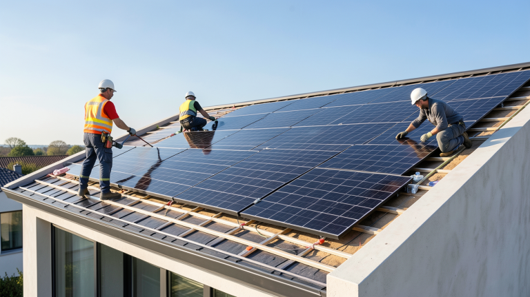 pose photovoltaïque en cours sur le toit d'une maison contemporaine avec panneaux solaires noirs