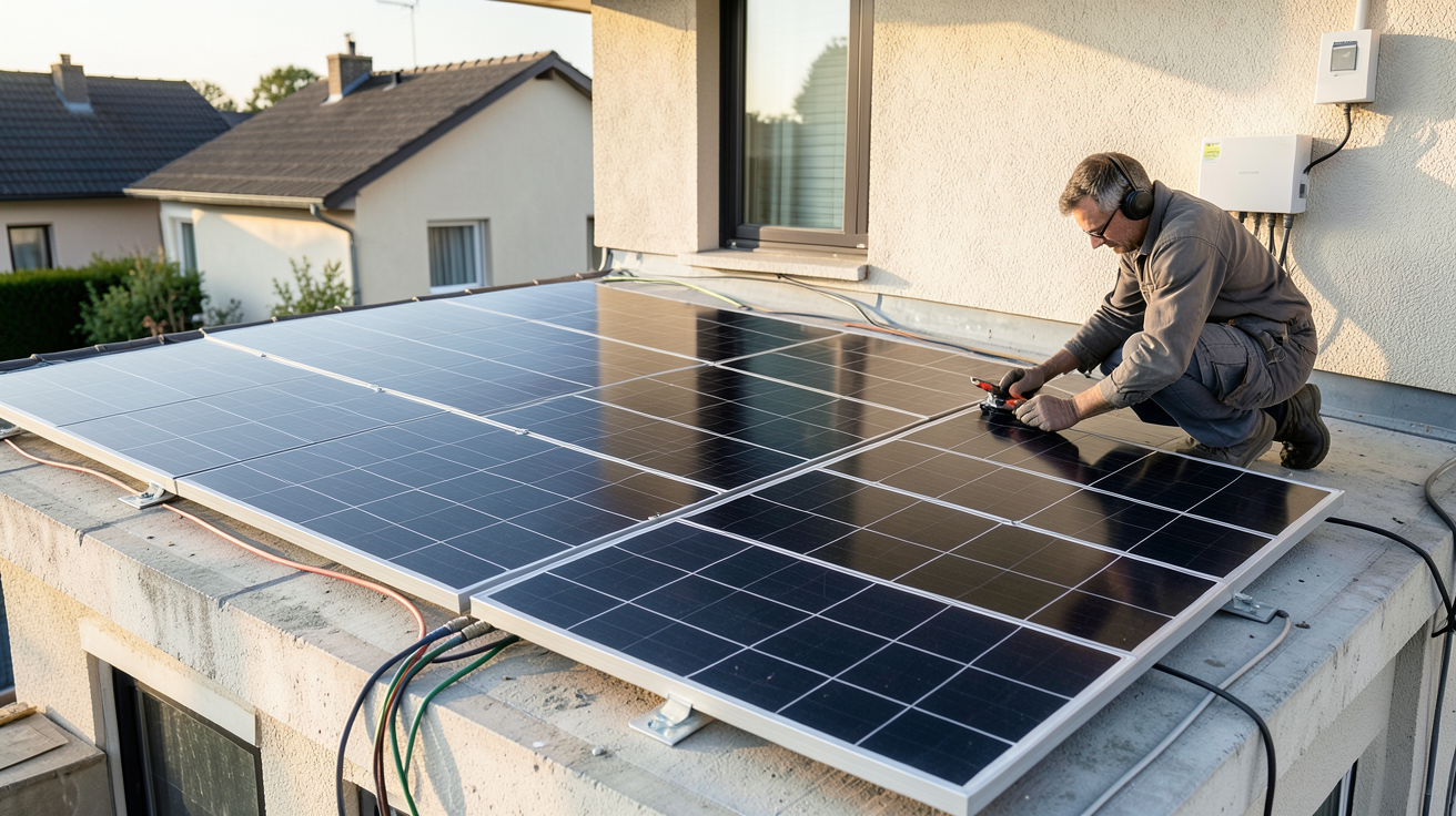prix 3 kwc photovoltaique : détail des coûts en 2026 avec installation de panneaux solaires sur toit et technicien en action