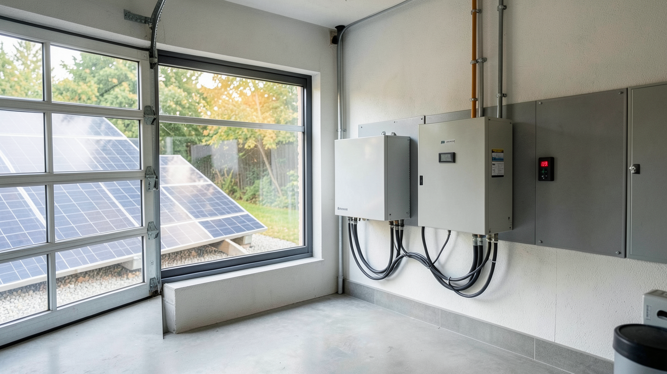 batteries solaires domestiques installées dans un garage moderne avec panneaux solaires visibles