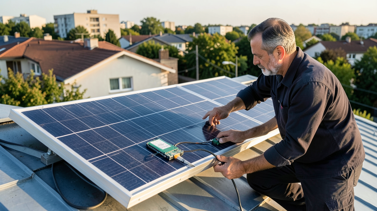 prix achat panneau photovoltaique : installateur vérifiant un panneau solaire sur un toit résidentiel