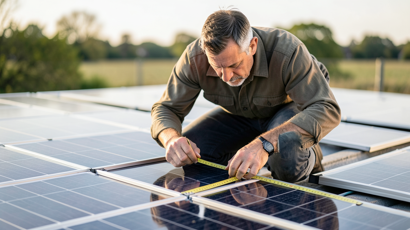 prix au m2 panneau solaire calculé par un installateur mesurant une surface de toit avec un mètre ruban