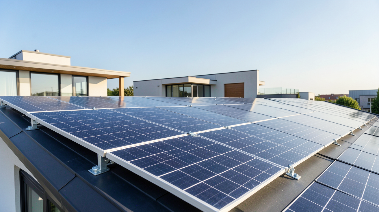 prix au m2 panneaux photovoltaiques 2026 sur un toit de maison moderne