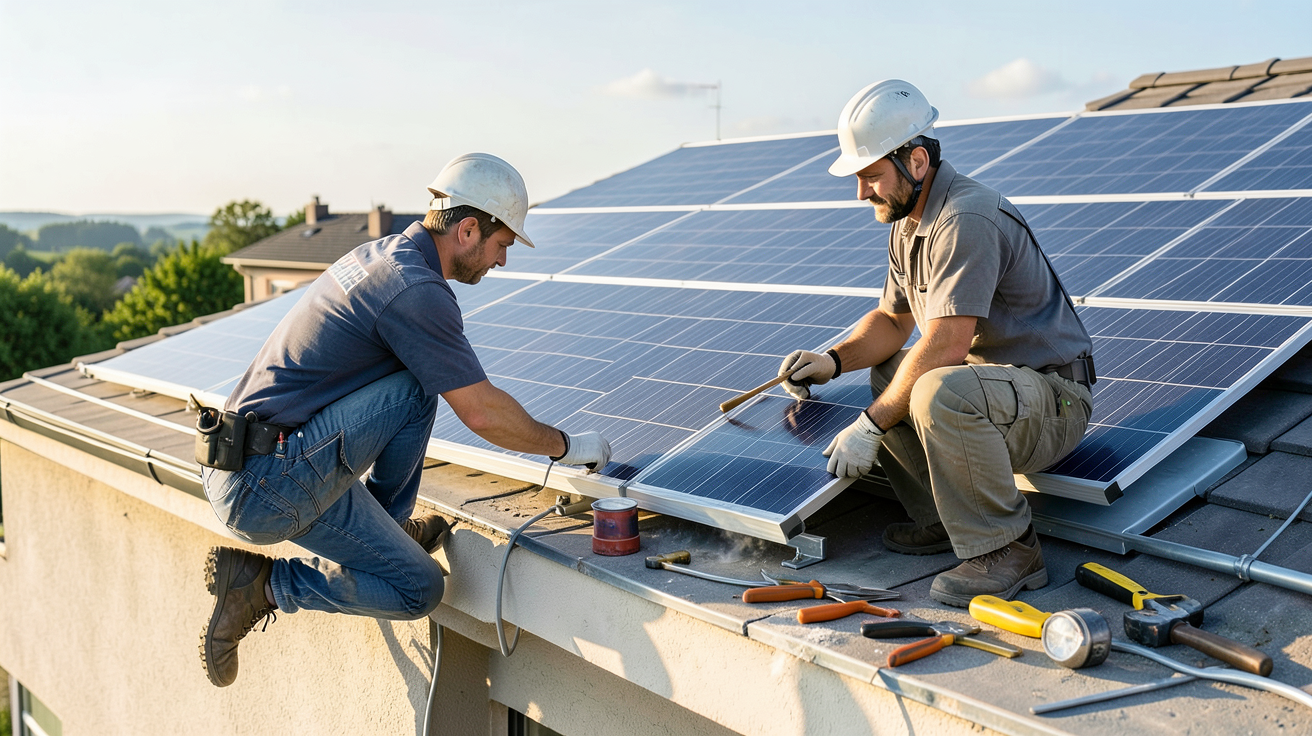 prix ballon eau chaude solaire installation d'un ballon solaire sur le toit d'une maison, montrant la main‑d’œuvre et la complexité du chantier