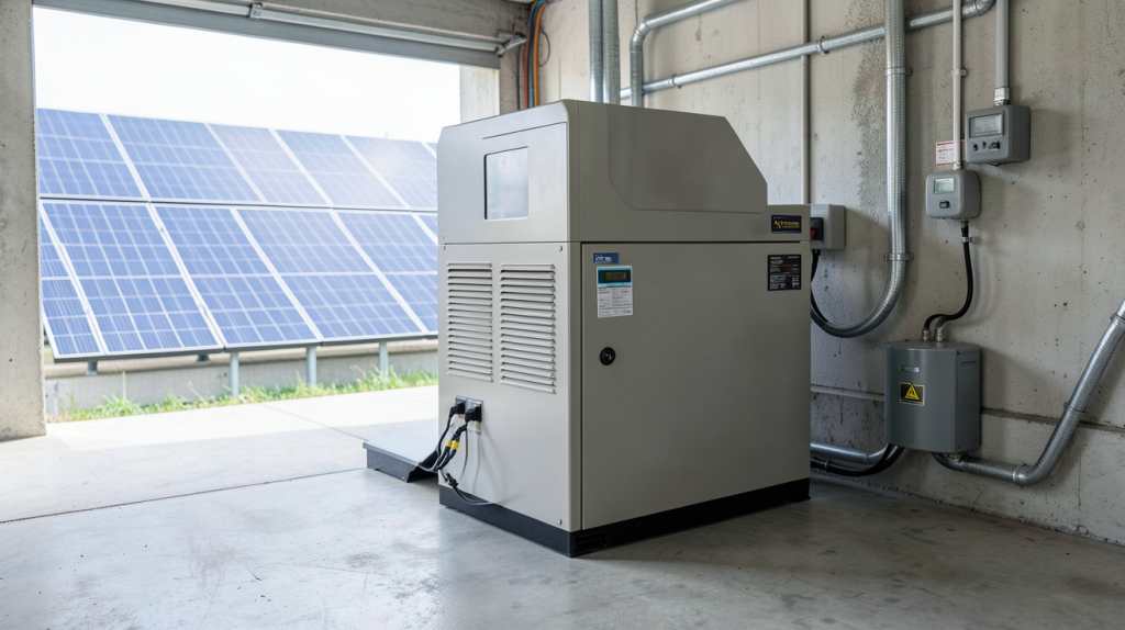 prix d une batterie de stockage photovoltaique installée dans un local technique avec des panneaux solaires en arrière-plan