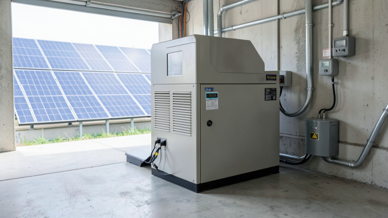prix d une batterie de stockage photovoltaique installée dans un local technique avec des panneaux solaires en arrière-plan