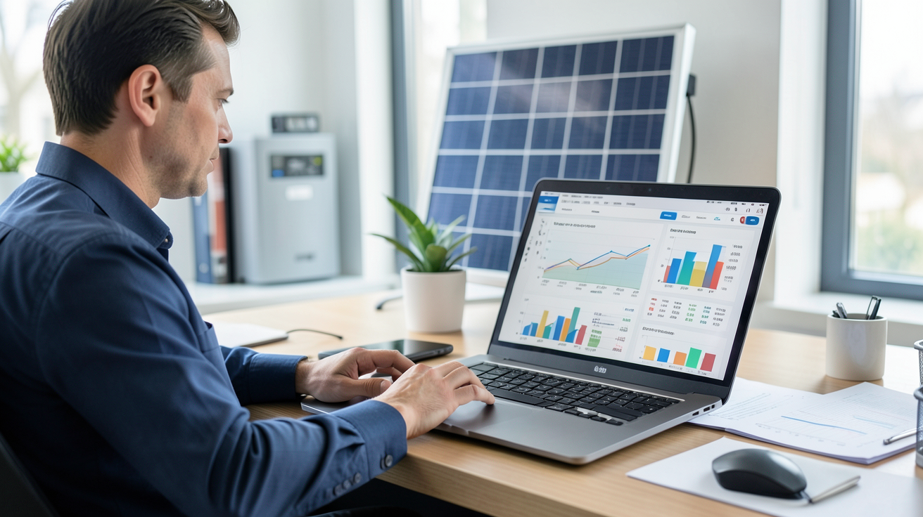 prix batterie de stockage pour photovoltaique analyse des coûts 2025 sur écran d'ordinateur avec batterie solaire en arrière-plan