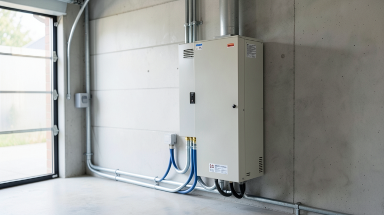 prix batterie de stockage pour photovoltaïque installée dans un garage moderne avec système solaire en arrière-plan