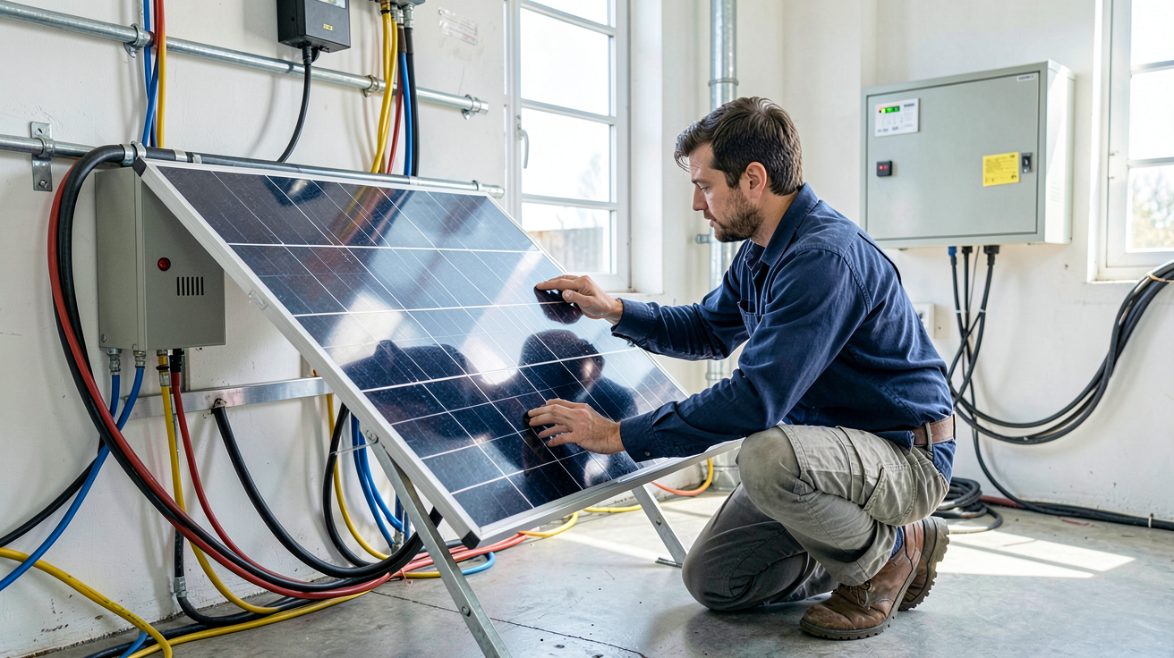 technicien installant une batterie lithium pour panneau solaire dans un local technique