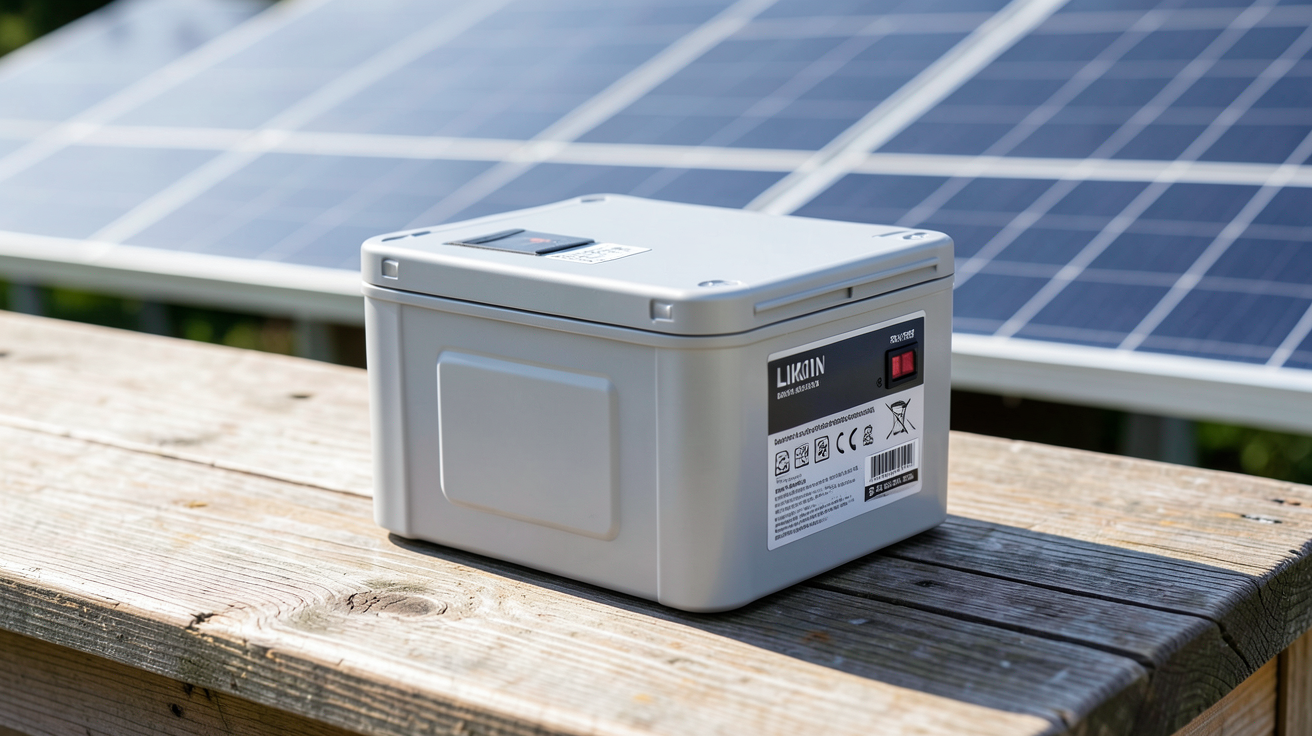 prix batterie lithium solaire batterie lithium exposée sur une table en bois avec des panneaux solaires en arrière-plan, illustrant les critères de capacité, longévité et technologie sous une lumière naturelle.