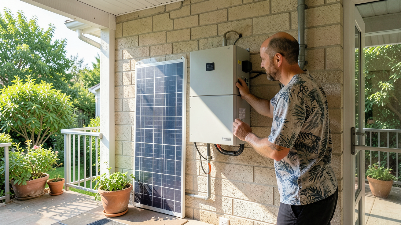 prix batterie lithium solaire installation complète avec batterie lithium, onduleur et pose visibles, vue détaillée sous lumière naturelle