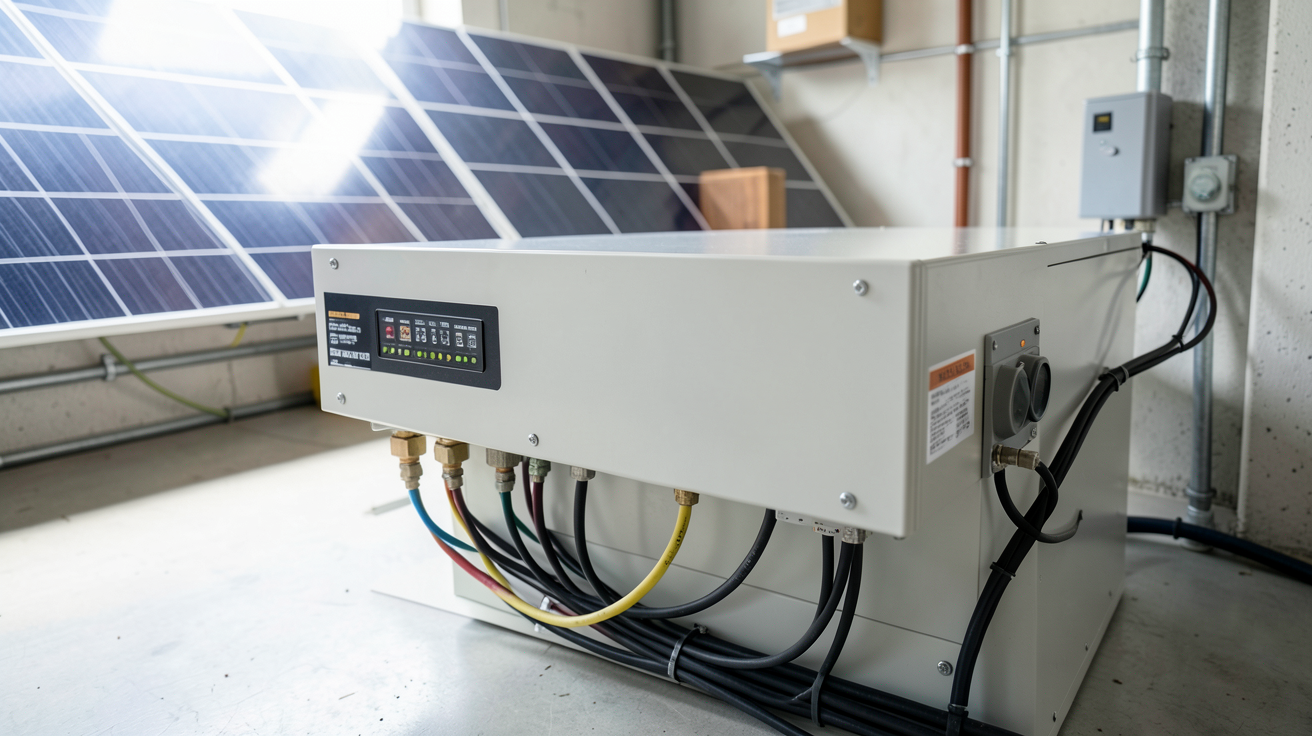 prix batterie panneau photovoltaique : batterie solaire moderne installée dans un garage avec des panneaux photovoltaïques en arrière-plan