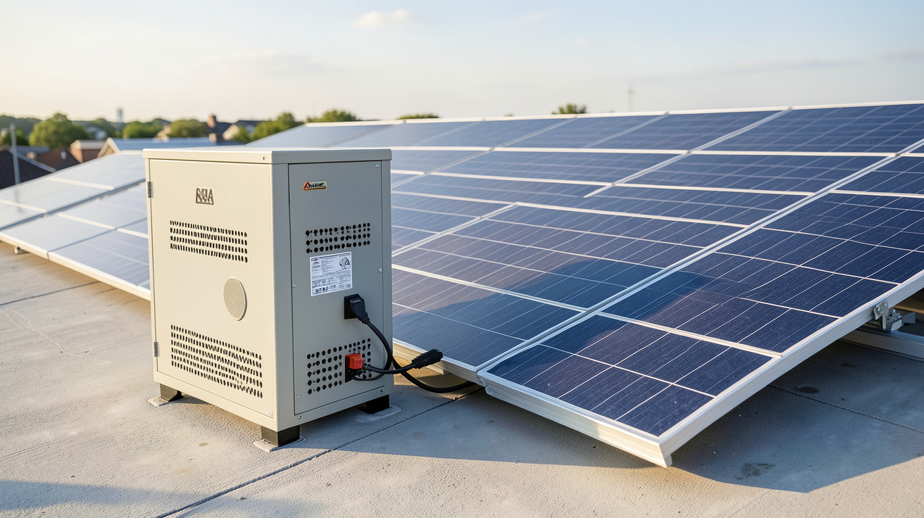 prix batterie panneau solaire montrant une batterie de stockage à côté de panneaux photovoltaïques sur un toit ensoleillé
