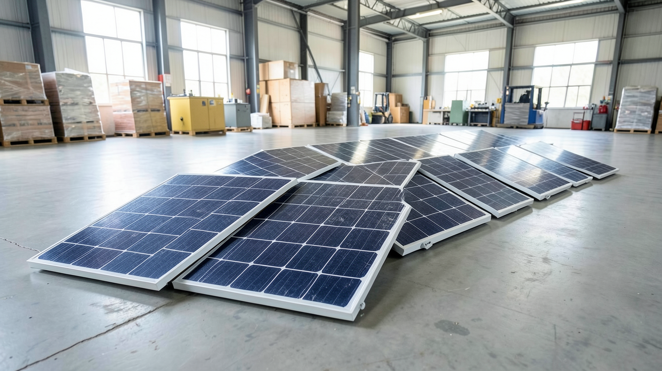 prix batterie panneau solaire rangée de batteries solaires de différentes capacités dans un entrepôt éclairé