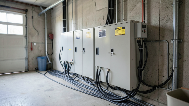 prix batterie panneau solaire installée dans un garage avec des câbles bien organisés