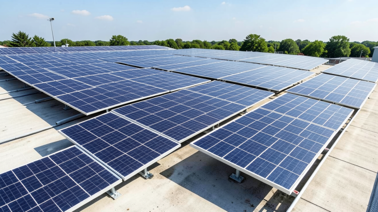 prix batterie photovoltaique affiché sur un système de batteries photovoltaïques modernes installé sur un toit, avec panneaux solaires à l'arrière, haute résolution.