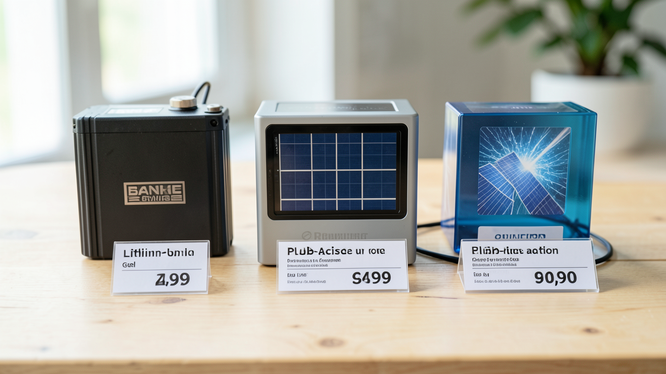prix batterie pour panneaux photovoltaique présentant trois types de batteries solaires avec leurs étiquettes de prix