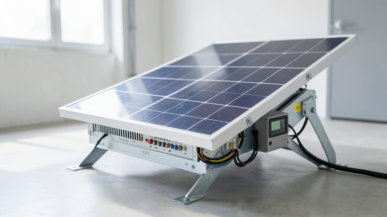 prix batterie pour panneaux photovoltaïques : batterie solaire moderne posée sur un support technique dans un local bien éclairé