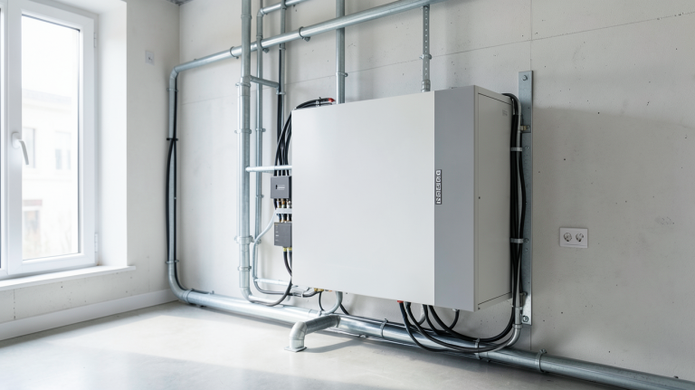 prix batterie pour panneaux photovoltaïques illustré par un système de stockage d'énergie solaire haute technologie dans une maison.