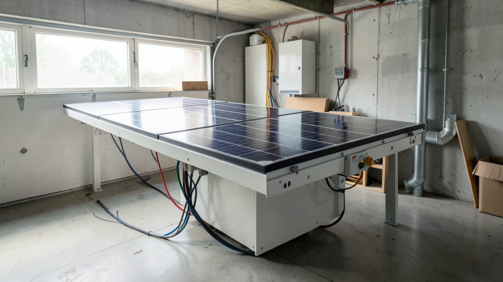 prix d une batterie solaire installée dans un garage technique avec des câbles connectés